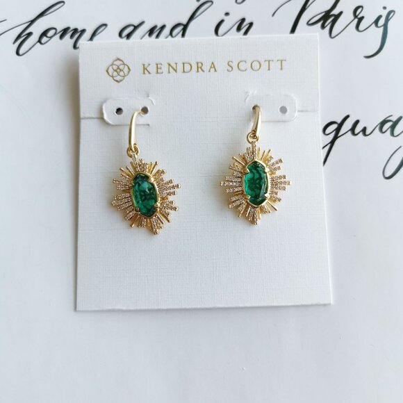 Kendra Scott Grayson Sunburst Gold Green Glass Earrings - Picture 1 of 3